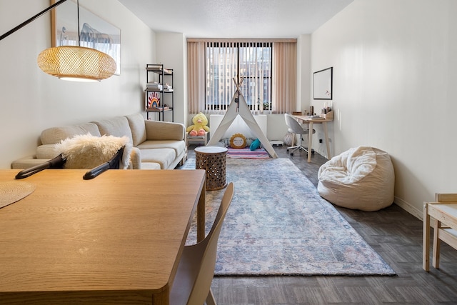 living room featuring dark parquet flooring