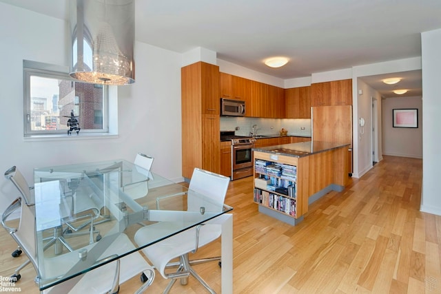 kitchen with light hardwood / wood-style floors, appliances with stainless steel finishes, backsplash, and sink