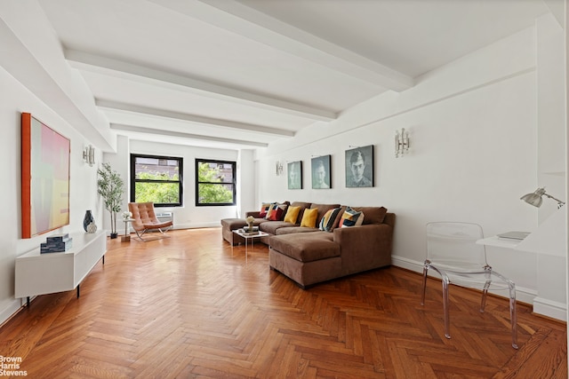 living room with beamed ceiling and parquet floors