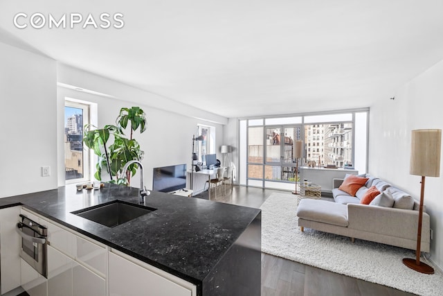 kitchen with plenty of natural light, dark hardwood / wood-style floors, white cabinetry, and sink