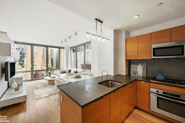 kitchen featuring appliances with stainless steel finishes, decorative backsplash, pendant lighting, light hardwood / wood-style flooring, and sink