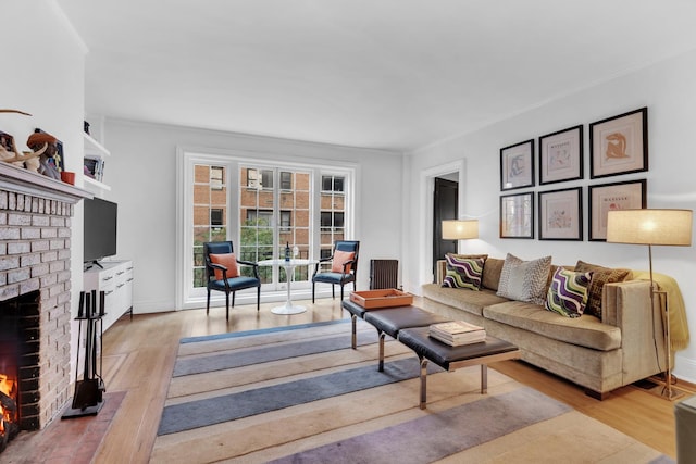 living room featuring crown molding, light hardwood / wood-style flooring, and a fireplace