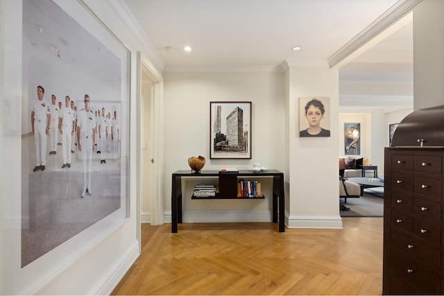 hallway with crown molding and light parquet floors