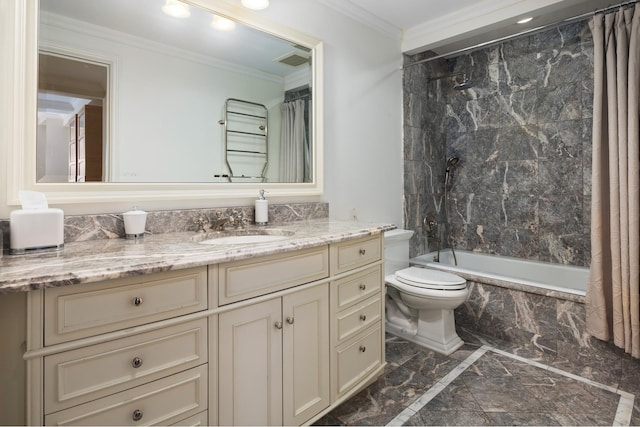 full bathroom with vanity, shower / tub combo, ornamental molding, and toilet