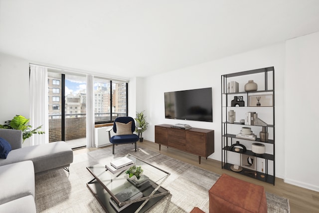 living room featuring light hardwood / wood-style flooring and a wall of windows