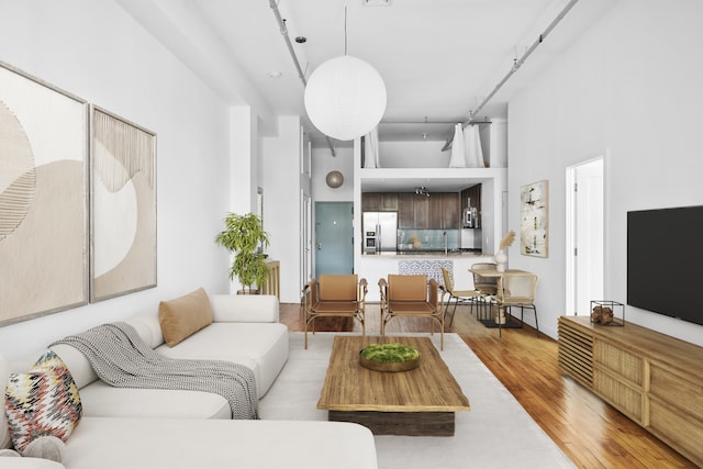 living room featuring a high ceiling, rail lighting, sink, and wood-type flooring