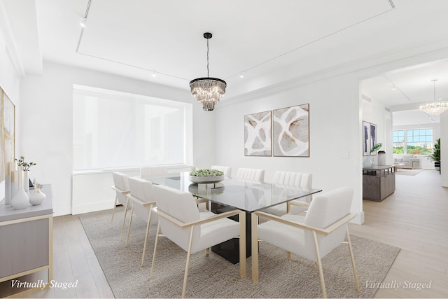 dining room with rail lighting and light wood-type flooring