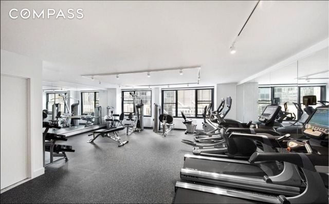 gym featuring rail lighting and a wealth of natural light