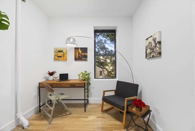 home office with hardwood / wood-style flooring