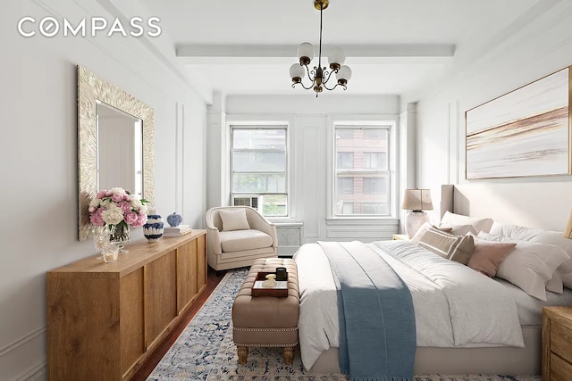 bedroom featuring beam ceiling, hardwood / wood-style flooring, and an inviting chandelier