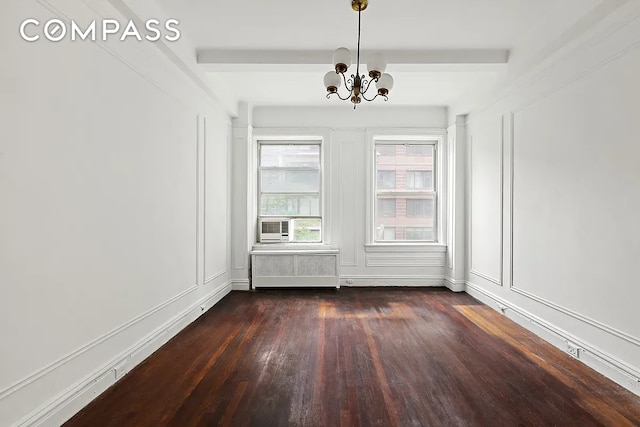 unfurnished dining area with radiator heating unit, an inviting chandelier, and dark hardwood / wood-style flooring