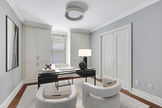 office area featuring crown molding and dark wood-type flooring