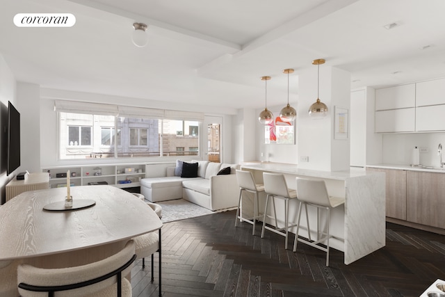 dining room with dark parquet floors