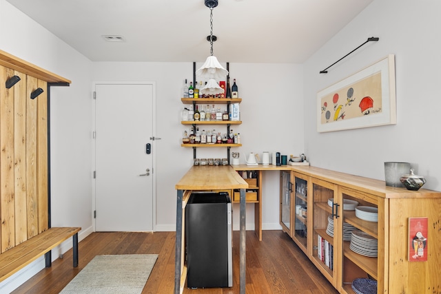 interior space with butcher block counters, dark hardwood / wood-style floors, and hanging light fixtures