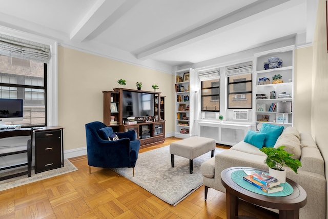 living room with radiator, light parquet floors, and beamed ceiling