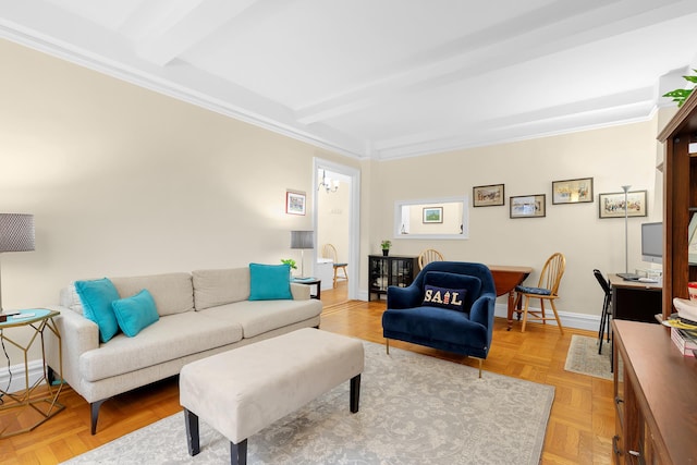 living room with light parquet floors, beamed ceiling, and ornamental molding