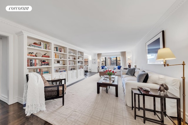 living room with ornamental molding and wood-type flooring