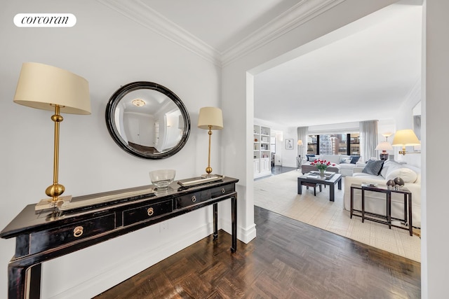 hallway with ornamental molding and dark parquet floors