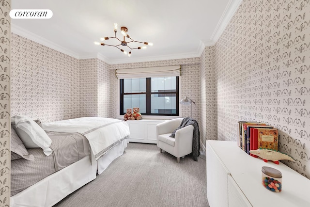 carpeted bedroom with crown molding and a chandelier