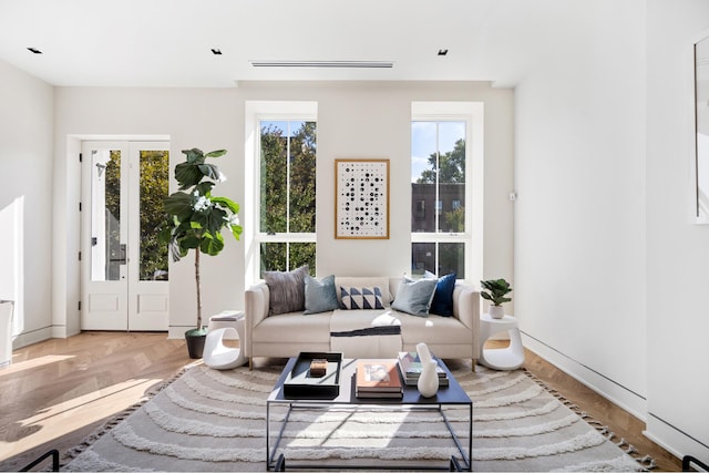 living room with parquet floors