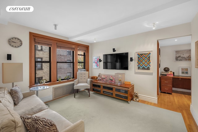 living room with beamed ceiling and light wood-type flooring