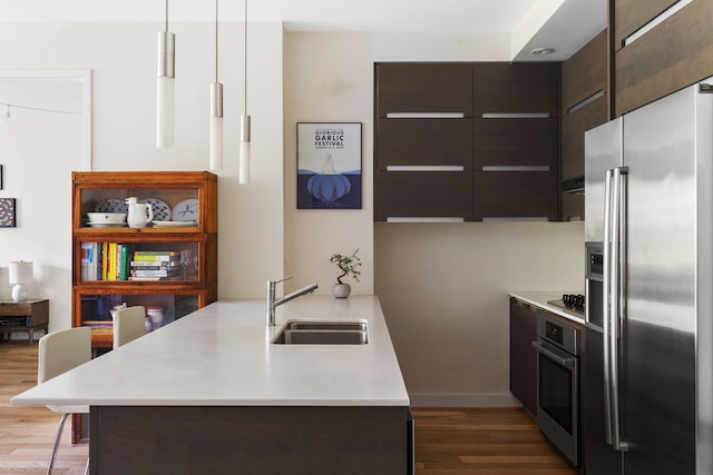 kitchen featuring dark hardwood / wood-style floors, dark brown cabinets, stainless steel appliances, sink, and pendant lighting