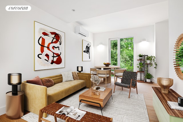 living room with light hardwood / wood-style floors and a wall mounted air conditioner