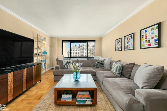 living room featuring crown molding and light parquet flooring