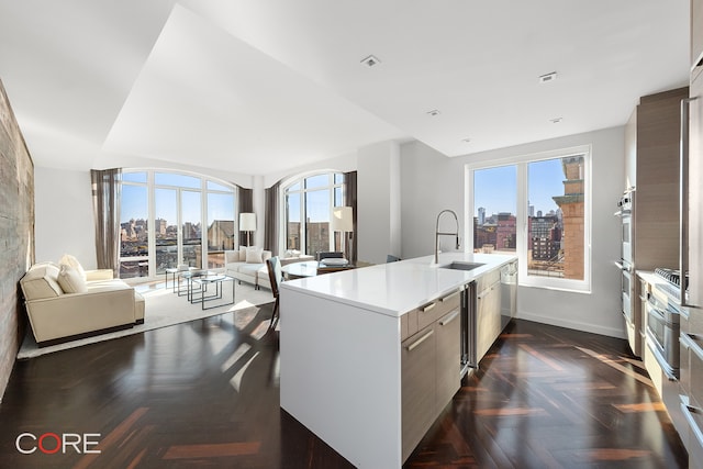 kitchen with appliances with stainless steel finishes, dark parquet flooring, a healthy amount of sunlight, and sink