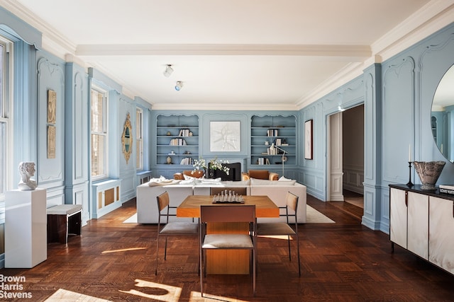 dining area featuring ornamental molding, dark parquet floors, and built in shelves