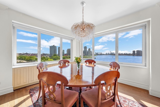 dining room featuring light hardwood / wood-style floors, a chandelier, and a water view