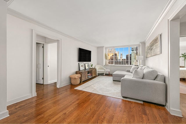 living room featuring wood-type flooring and crown molding