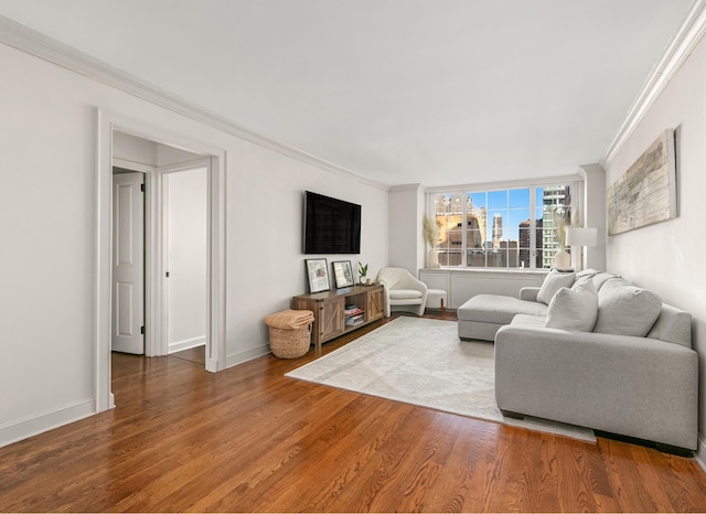 living room featuring hardwood / wood-style floors and ornamental molding