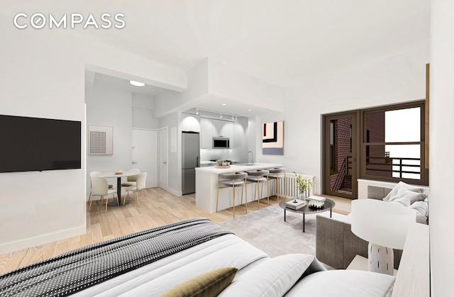 living room featuring light hardwood / wood-style floors and sink