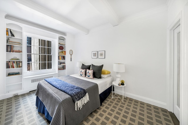 bedroom with radiator heating unit, ornamental molding, and beam ceiling