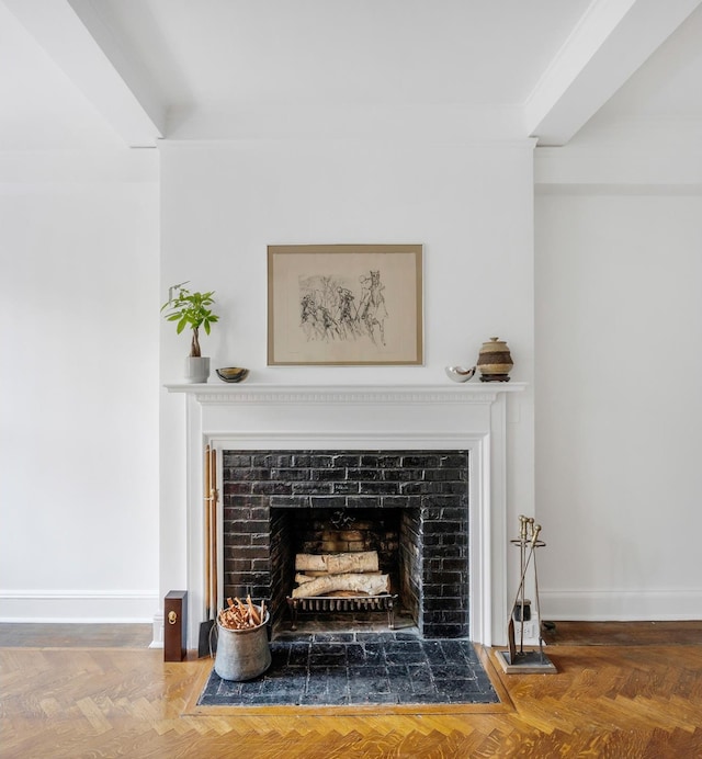 room details with parquet floors and a brick fireplace