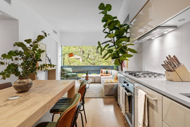 kitchen with appliances with stainless steel finishes and light hardwood / wood-style flooring