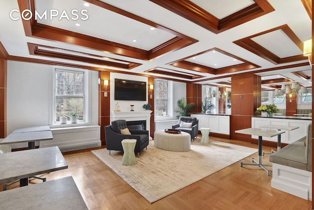 living room with beamed ceiling, crown molding, and coffered ceiling