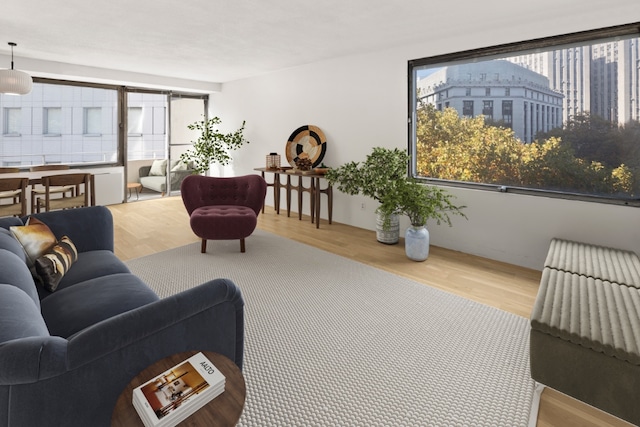 living room with a wealth of natural light and wood-type flooring