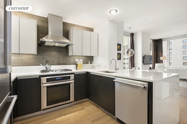 kitchen featuring sink, appliances with stainless steel finishes, wall chimney exhaust hood, light hardwood / wood-style flooring, and white cabinets