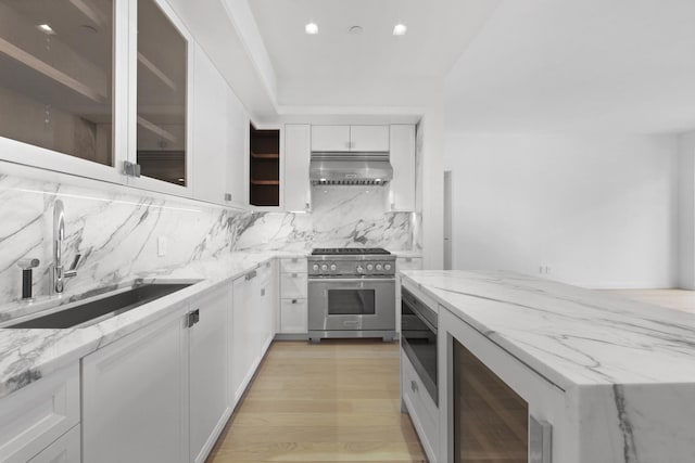 kitchen featuring light stone counters, appliances with stainless steel finishes, sink, decorative backsplash, and white cabinets