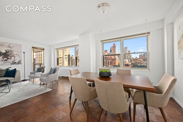 dining room featuring a healthy amount of sunlight and dark parquet flooring