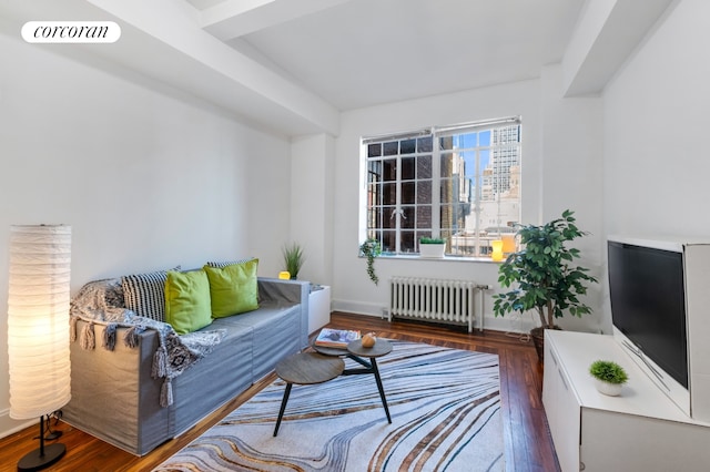 living room with dark hardwood / wood-style floors and radiator