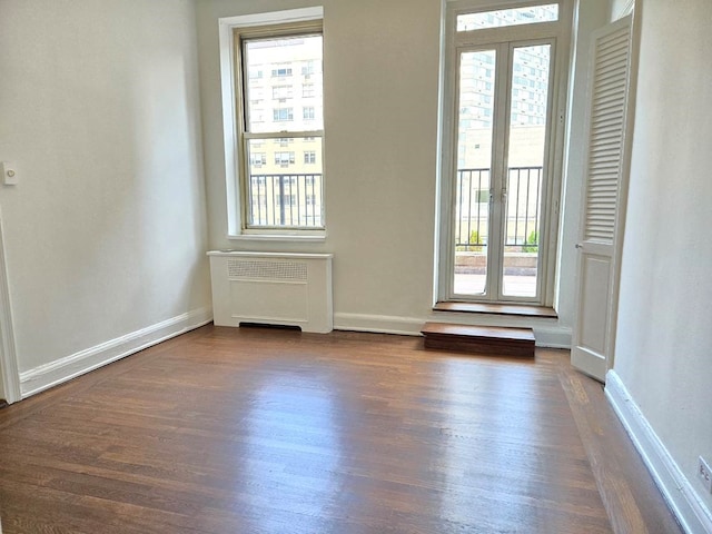 interior space with radiator heating unit, dark hardwood / wood-style floors, and plenty of natural light