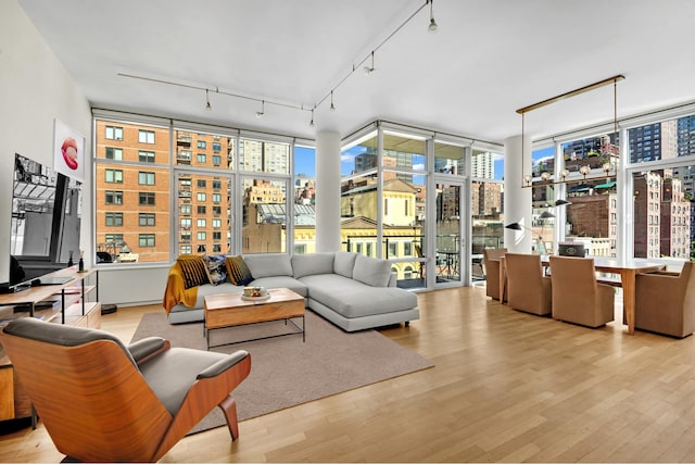 living room featuring light wood-type flooring, floor to ceiling windows, and rail lighting