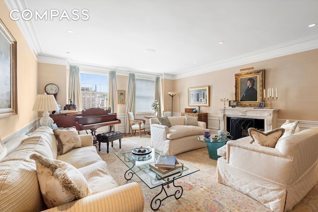 living room with crown molding