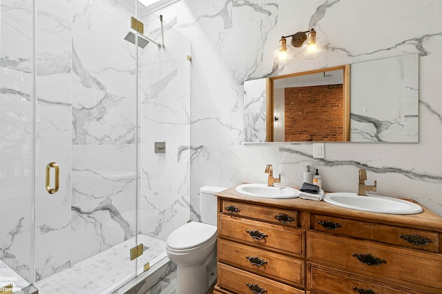 bathroom featuring vanity, an enclosed shower, decorative backsplash, and tile walls