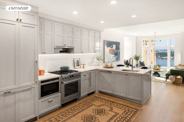 kitchen featuring sink, kitchen peninsula, gray cabinets, a water view, and appliances with stainless steel finishes