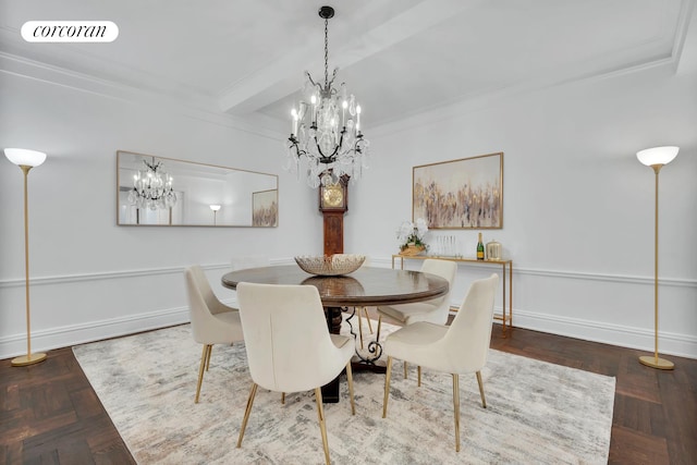 dining space with parquet flooring, beam ceiling, a chandelier, and crown molding