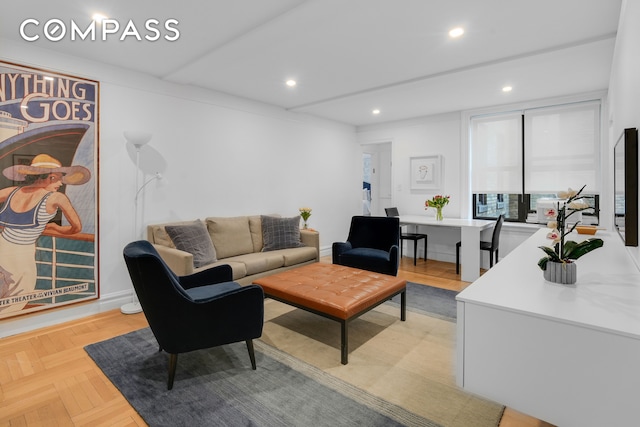 living room featuring light parquet flooring